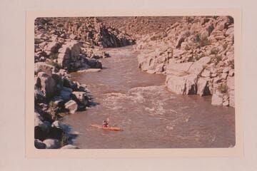 Kayak used by Bernd Ehrmeister in 1965 solo water transit of Grand Canyon from Bright Angel Creek to Temple Bar