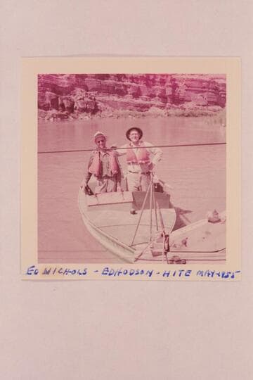 Ed Nichols and Ed Hudson in the inboard motorboat "FINALLY". The boat is 16 feet long and 5 1/2 feet of beam, powered with a 65HP Jeep engine