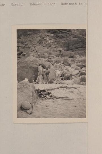 Crew of the "Esmeralda II": Taylor, Marston, Edward Hudson and Robinson is hidden. First camp on beach at right bank at Mile 19