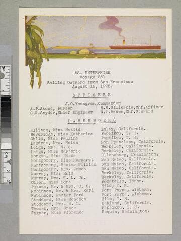 SS Enterprise passenger list : Voyage 231, sailing outward from San Francisco, August 15, 1925