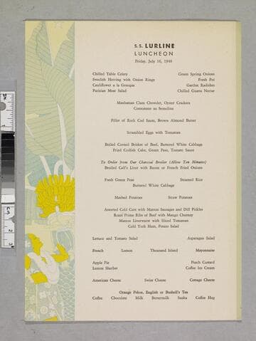 S. S. Lurline luncheon menu