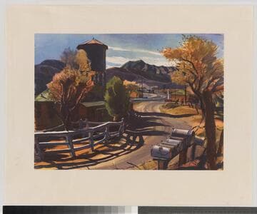 [Country road with train approaching in distance]