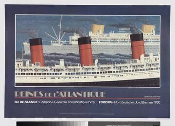 Reines de l'Atlantique peinture de James Flora : ILE DE FRANCE, Compagnie Generale Transatlantique 1926, EUROPA, Norddeutscher Lloyd Bremen 1930