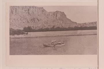 LaRue-Richardson-Wimmer Glen Canyon trip. The boat is that left by Sharp at Hite in 1909 and one of the Galloway-Stone design. The photo was made from the left bank opposite Tickaboo