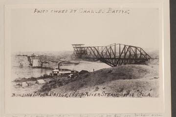 Building Topock Bridge. River steamboat is the "GILA"