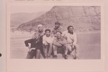 Pathe-Bray boatmen. Back: Dodge, Woodbury. Front: Rodin, Daily, Clark, Samoff. At Unkar Rapid, 73 miles below Lees Ferry