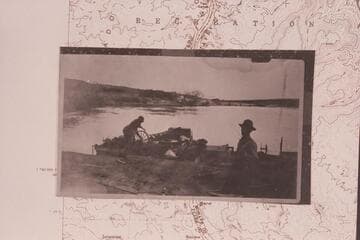 Jagerson's Tunnel Boat. Loading for transportation on Colorado River. Someone's wagon and equipment