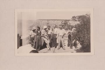 Some of the 1938 Nevills party at the microphone on the Rim. Left to right: Lorin Bell; Lois Jotter; Bill Gibson; Elzada Clover; Anderson of KTAR; Nevills