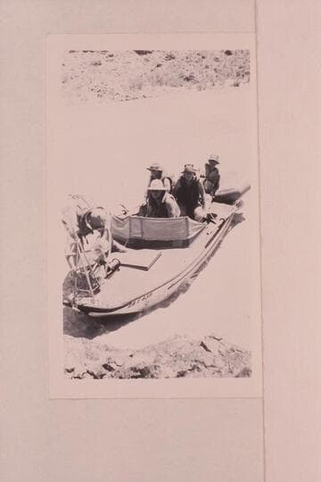 The "Esmeralda " [II] and crew at head of Vulcan Rapid.  Marston at the bow; Hudson at the wheel; Taylor; Edward Hudson; Bestor Robinson