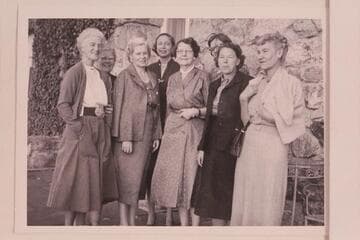 The Ladies at King's Gap, Carlisle, Pennsylvania: Mary Abbott, Virginia Masland, Nancy Doerr, Evie Mull, Anne Stanton Burchard, Mrs. William Culp Darrah and Margaret Marston. They gathered to talk about the river