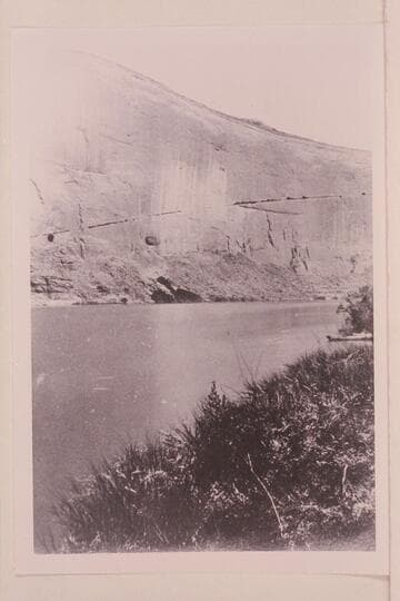 [photo from a stereo] "Views on the Colorado River," Glen Canon Series:  Wall of Glen Canon.  The "Canonita" is moored at the right bank