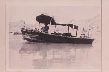 "Miss Marjorie of Chloride," Albert Jagerson motor boat. 26-28-ft. tunnel boat with Continental truck engine. Lost by being hung on a bar. First boat built by Al Jagerson. Picture taken at Gumbo Wash