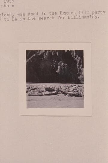 Hatch's boloney on the beach at Bright Angel Creek.  This boloney was used in the Eggert film party and taken down from Lees Ferry to Bright Angel in the search for Billingsley