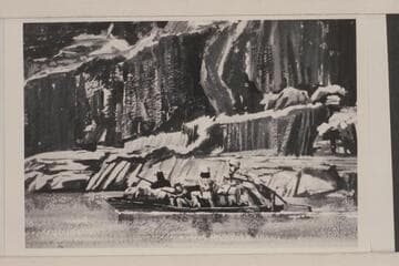 Ashley party (using hidden outboard) painting in Red Canyon Visitor's Center; Ashley National Forest