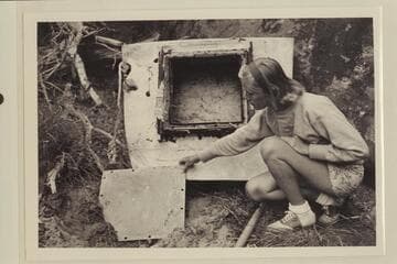 Shirley Morse Marston. Examining the stern section of the "Lota-ve" at the foot of Triplett Falls in the Canyon of Lodore