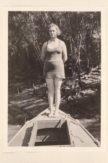 Catherine Pahl. Lees Ferry. Catherine Pahl rode on Emery Kolb's boat from the boathouse at Lees Ferry to the dugway below Paria Riffle on 1923, Aug. 01