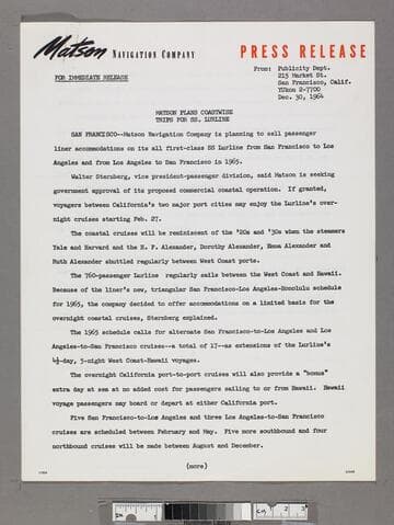 Matson plans coastwise trips for SS Lurline