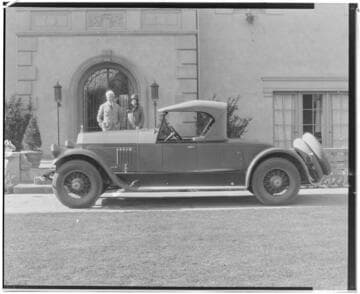 Pierce Arrow Series 33 runabout automobile with a man and woman, Pasadena. 1924