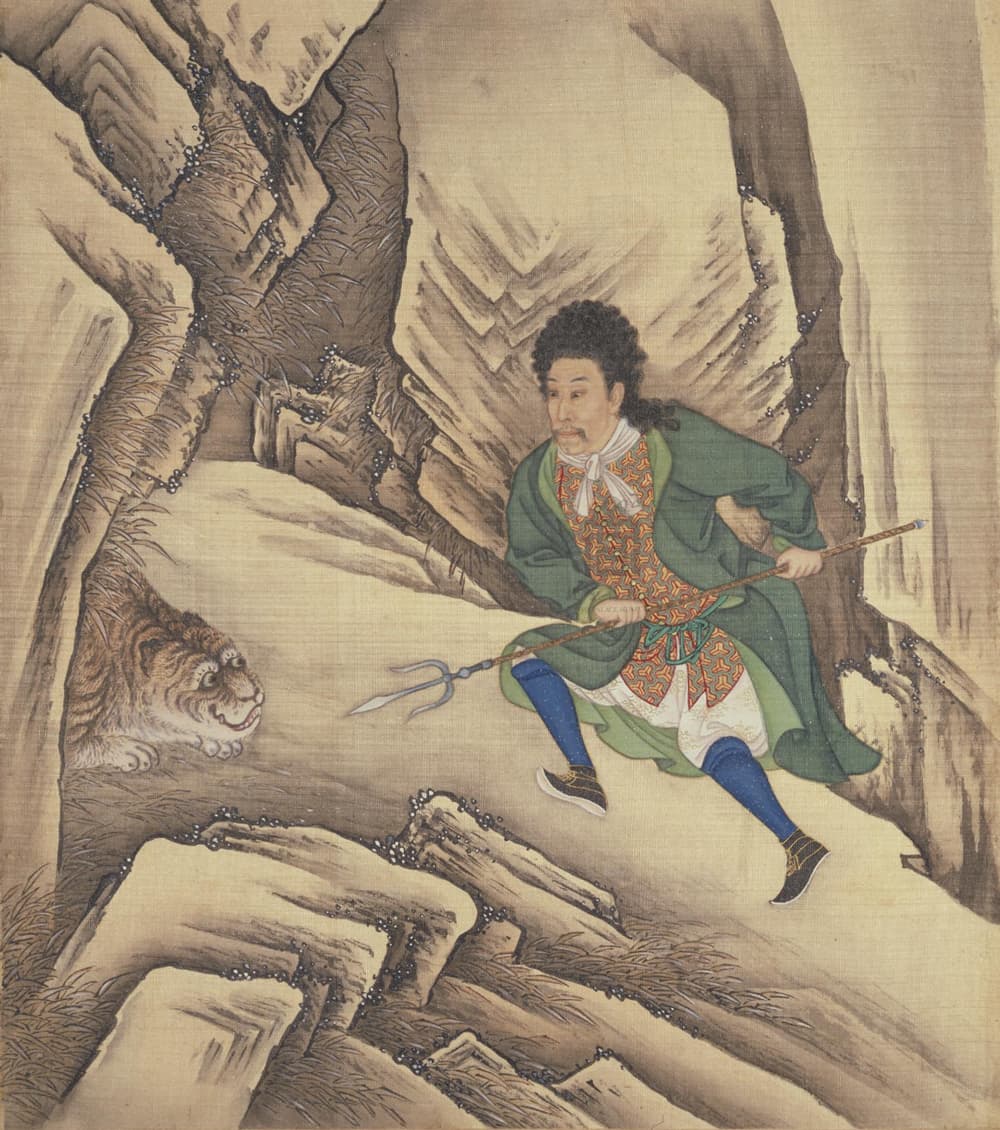 Painting of a Chinese prince, in European clothing, approaching a tiger in a cave.