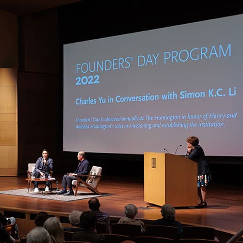 Huntington President Karen R. Lawrence (right) welcomed acclaimed writer Charles Yu (left) and Huntington Trustee Simon K.C. Li to the Founders’ Day event at Rothenberg Hall on March 2.