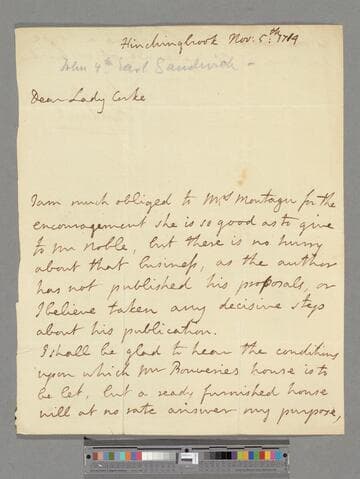 Montagu, John, 4th Earl of Sandwich. Letter to Anne (Courtenay) Boyle, Countess of Cork
