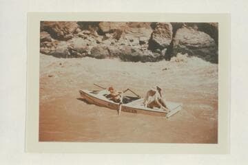 Nevills pulls down the eddy below Vulcan Rapid after lining the sadirons. Nevills strains at the oars while Joe Desloge and Margaret Marston watch from the stern