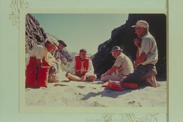 Up Separation Canyon from camp of 1965, June 26-27. The Bureau of Reclamation men check the results of the cruise. Bob Valentine is second from left. Buzz Belknap is center and Bob Littleton is right
