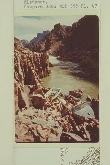 Bill Belknap's Turbocraft and SmithCraft at upper end of Lake Mead. The flow in the river has been cut to about 1,000 cfs. About Mile 236 with Gneiss Canyon Rapid in the distance