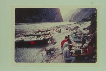 Camp at the foot of Travertine Canyon Rapid; Buzz Belknap, Bechtel, Valentine, Komie, Jordan, Littleton and Borland