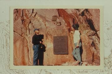 Dock Marston and Frankie Strathairn after 1934 plaque had been set and braced for hardening of adjesive at Separation Canyon