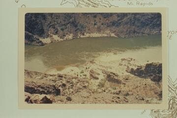 Remains of Bridge Canyon City from above on the left bank; Mile 238.7. The old foundations show at lower left