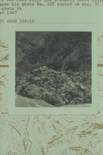 Bass Trail from the North Rim about halfway down Redwall; from northeast at edge of Esplanade. Terrace in foreground is below a 200-foot cliff and probably where Hillers stood when he made his photo No.224(729999GDCN228.12)
