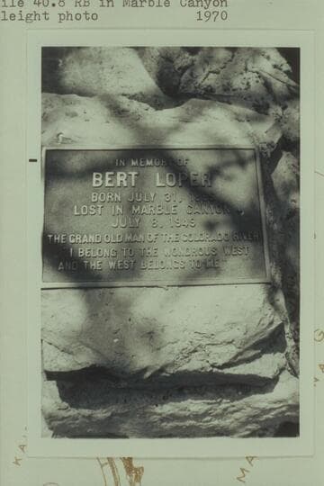Plaque placed near Loper's boat by his widow, Mile 40.8 RB in Marble Canyon