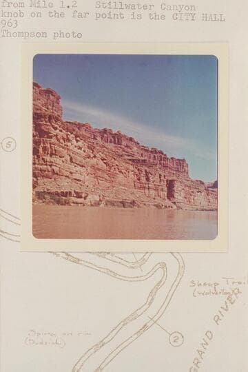 Up river from Mile 1.2. Stillwater Canyon. The tiny knob on the far point is the City Hall. Close to the location of Nims No. 26 of 1889, May 29, and Cogswell photo Plate 46A in Stone's "Canyon Country"