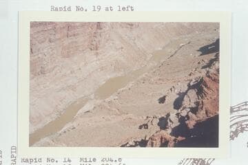 Cataract Canyon, Mile 203.2 to 204.5. Rapid No. 19 at left