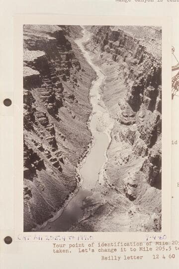 Down Cataract Canyon from Mile 205.5 to 202.5. The outlet of Wide Valley is at bottom; Range Canyon is center. Overlaps with Reilly photo of 9 4 60 showing Mile 205-6