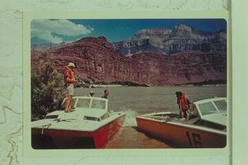 "Big Red" and "Big Yellow" at camp at head of Unkar Rapid. Guy Mannering; Dock Marston; Bill Austin; Jon Hamilton