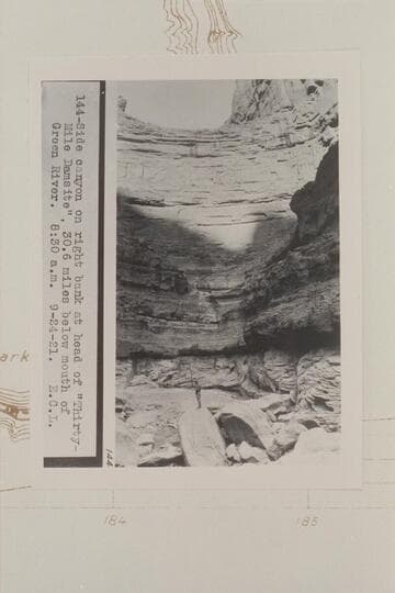 8:30 AM, in the side canyon at Mile 186.2, Cove Canyon. Side canyon on right bank at the head of Thirty Mile Damisite. LaRue places this 30.16 miles below the mouth of Green River which would be Mile 185.9