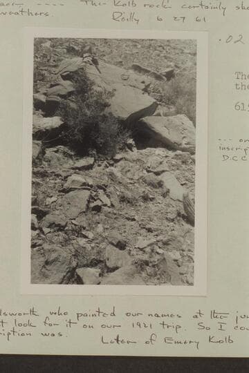 The boulder which bears the Kolb inscription. "On a fallen boulder, an inscription reading "A 81 + 50, sta. D.C.C. ' P. R. R." Kolb book, p. 126