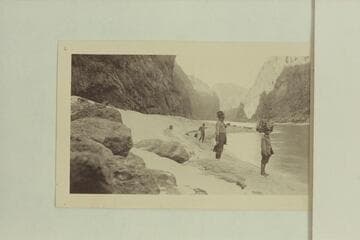 The Black Canyon Dam Site. In middle distance is a diamond drill. In foreground Arthur Powell Davis and R. C. Coldwell. Print from Freeman collection