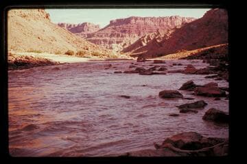 Mile 212.0 upstream (note upturned beds flanking gypsum plug)