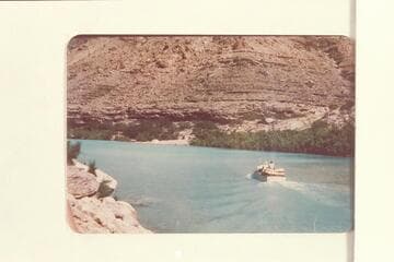Ed Hudson running the "Esmeralda" in the lagoon at the mouth of the Little Colorado. Lees Ferry gauge: 63,300 cfs
