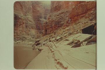 Boats at Dam site; lower Marble Canyon site. Mile 39 1/2-40