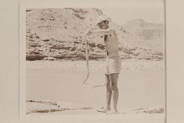Garth Marston holds a rattler. Mouth of the Little Colorado River. Note the boulder island. The canyon to the right is the beginning of the Grand Canyon