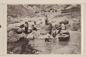 Portage at Soap Creek Rapid--USGS--Boats were lined and portaged over head of Soap Creek Rapids. Lint album. 3 1/4x5 1/2 print