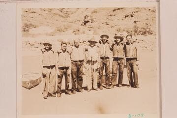 The Dusty Seven at Chuar Creek the morning of July 24, 1934: Bus Hatch, Royce Mowrey, Russ Frazier, Clyde Eddy, Frank Swain, Bill Fahrni and Alton Hatch. The flow of the river was so low during their cruise it was dusty