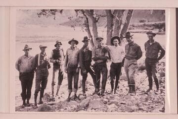 The 1921 USGS crew which surveyed Cataract Canyon under the direction of W. R. Chenoweth. Green River, Utah. Left to right: Lint, Chenoweth, LaRue, Tasker, Ellsworth Kolb, Clogston, Emery Kolb, Paige, Rauch