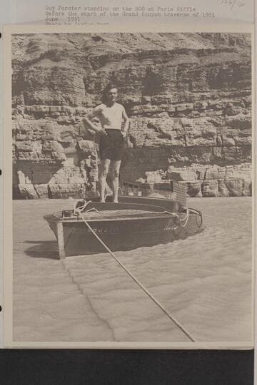 Guy Forcier standing on the "Boo" at Paria Riffle. Before the start of the Grand Canyon traverse of 1951