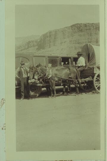 The old and the new. Marble Canyon Bridge dedication. Print from Freeman collection