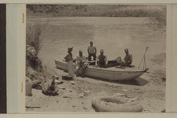 The "Esmeralda" and crew at Lees Ferry. Marston; Taylor; Edward Hudson; Ed Hudson; Robinson